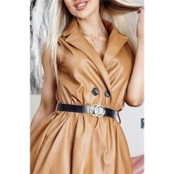 Ärmelloses Kunstleder Kleid A-Linie Mit Gürtel Camel -Stilvoll Gekleidet aermelloses kunstleder kleid a linie mit guertel camel4