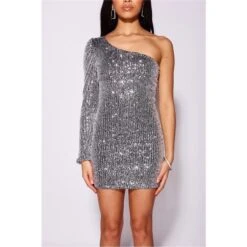 Bodycon One-Shoulder Pailletten-Kleid Party Silber -Stilvoll Gekleidet bodycon one shoulder pailletten kleid party silber4