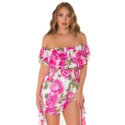 Damen Carmen-Kleid Mit Blumenmuster Inkl. Gürtel Pink -Stilvoll Gekleidet damen carmen kleid mit blumenmuster inkl guertel pink3