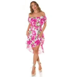 Damen Carmen-Kleid Mit Blumenmuster Inkl. Gürtel Pink -Stilvoll Gekleidet damen carmen kleid mit blumenmuster inkl guertel pink4