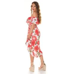 Damen Carmen-Kleid Mit Blumenmuster Inkl. Gürtel Rot -Stilvoll Gekleidet damen carmen kleid mit blumenmuster inkl guertel rot6