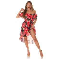 Damen Carmen-Kleid Mit Blumenmuster Inkl. Gürtel Schwarz -Stilvoll Gekleidet damen carmen kleid mit blumenmuster inkl guertel schwarz7