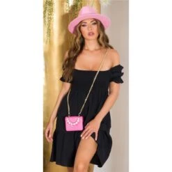 Damen Off-Shoulder Babydoll-Kleid In Boho-Stil Schwarz