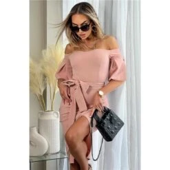 Pink Damen Off-Shoulder Midi-Kleid In Wickel-Optik Mit Gürtel Altrosa 7 Pink Damen Off-Shoulder Midi-Kleid In Wickel-Optik Mit Gürtel Altrosa -Stilvoll Gekleidet damen off shoulder midi kleid in wickel optik mit guertel altrosa4