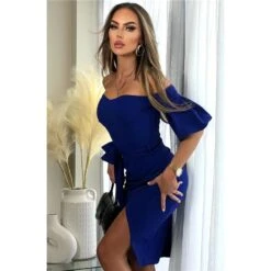 Pink Damen Off-Shoulder Midi-Kleid In Wickel-Optik Mit Gürtel Blau