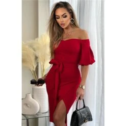 Pink Damen Off-Shoulder Midi-Kleid In Wickel-Optik Mit Gürtel Rot