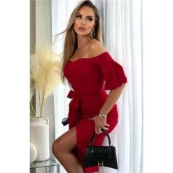 Pink Damen Off-Shoulder Midi-Kleid In Wickel-Optik Mit Gürtel Rot -Stilvoll Gekleidet damen off shoulder midi kleid in wickel optik mit guertel rot4