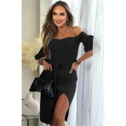 Pink Damen Off-Shoulder Midi-Kleid In Wickel-Optik Mit Gürtel Schwarz