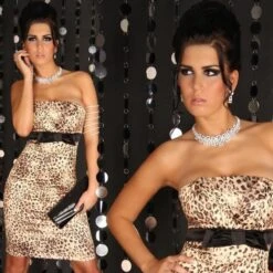 Edles Satin Bandeau Kleid Etuikleid Abendkleid Leopard-Optik
