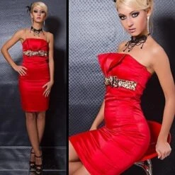Edles Satin Bandeau Kleid Etuikleid Abendkleid Rot