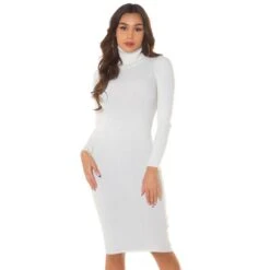 Elegantes Damen Rippstrick-Kleid Mit Rollkragen Creme -Stilvoll Gekleidet elegantes damen rippstrick kleid mit rollkragen creme6