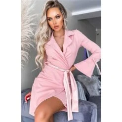 Kleid In Wickel-Optik Mit Trompetenärmeln Und Gürtel Altrosa