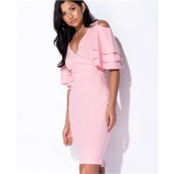 Knielanges Kleid In Wickel-Optik Mit Volantärmeln Rosa