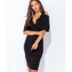 Knielanges Kleid In Wickel-Optik Mit Volantärmeln Schwarz