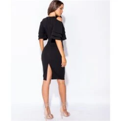 Knielanges Kleid In Wickel-Optik Mit Volantärmeln Schwarz -Stilvoll Gekleidet knielanges kleid in wickel optik mit volantaermeln schwarz5