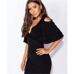 Knielanges Kleid In Wickel-Optik Mit Volantärmeln Schwarz -Stilvoll Gekleidet knielanges kleid in wickel optik mit volantaermeln schwarz6