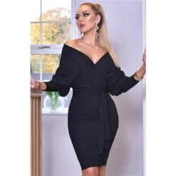 Knielanges Kleid Mit Fledermausärmeln Und Gürtel Schwarz