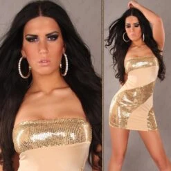 Sexy Bandeau Minikleid Kleid Mit Pailletten Beige / Gold