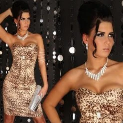 Sexy Satin Bandeau-Kleid Etuikleid Mit Strass Leopard