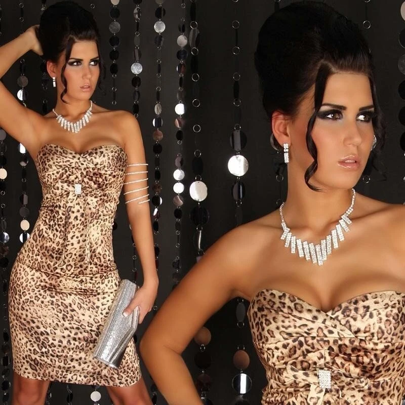 Sexy Satin Bandeau-Kleid Etuikleid Mit Strass Leopard 1 Sexy Satin Bandeau-Kleid Etuikleid Mit Strass Leopard